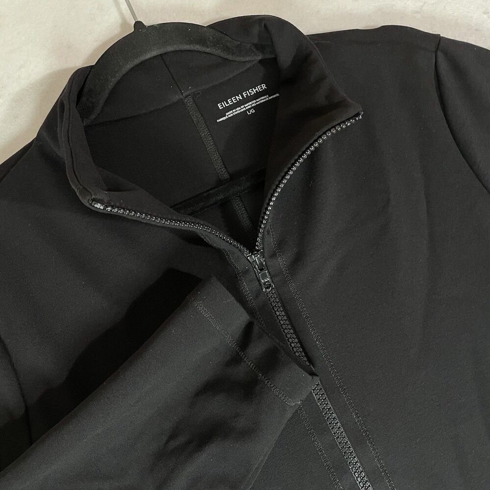Eileen Fisher Jacket Womens L Black Full Zip Pockets Stretch Modern Minimalist